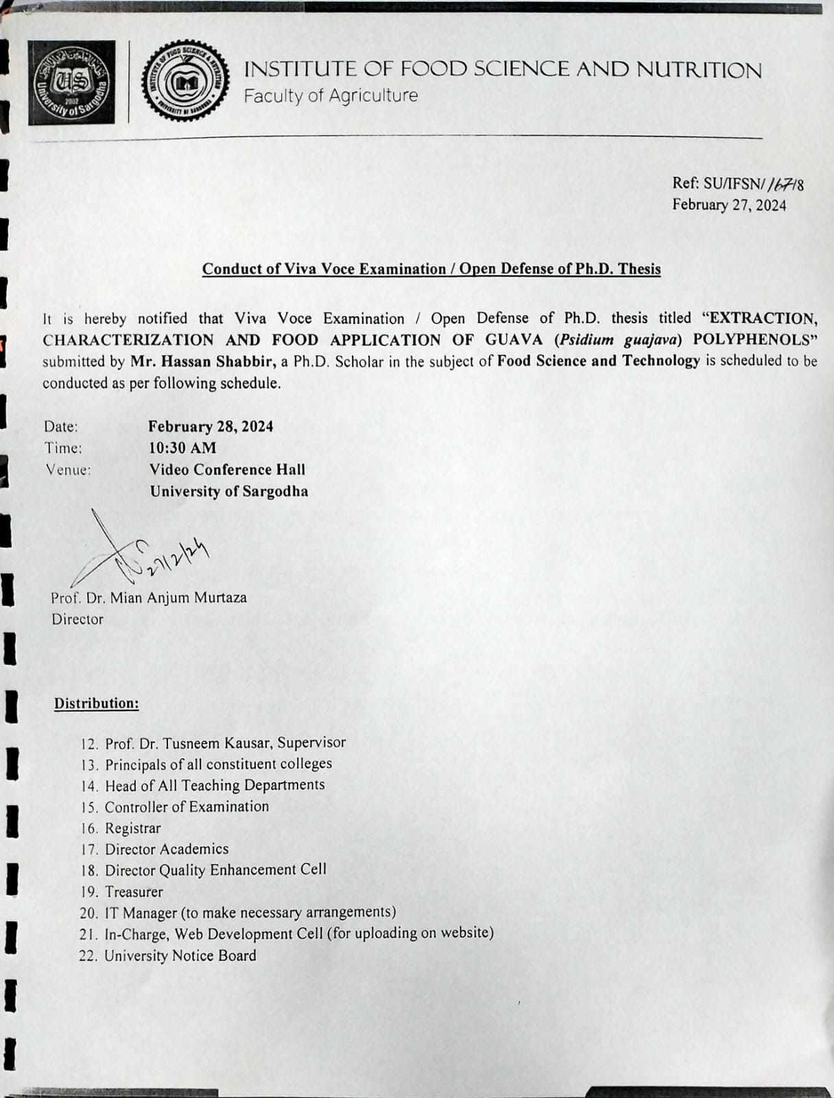 Conduct of Viva Voce Examination / Open Defense of PhD Thesis